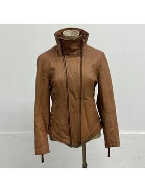 Vintage ONLY Cognac Brown Convertible Double-Zip Funnel Neck Lambskin Jacket